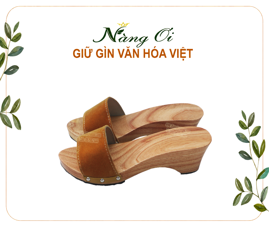guốc mộc cho nữ quai nhung vàng làm từ gỗ xoan tự nhiên